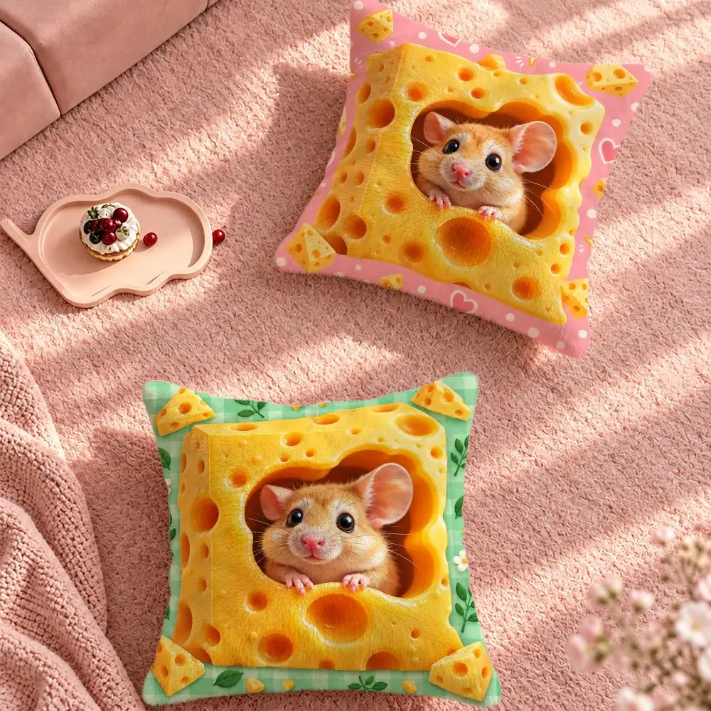 Art Cute Cheese Mouse Cushion Cover Cute Cartoon Throw Pillow Cover Soft Plush Cushion Cover Sofa Bedroom Home Decor