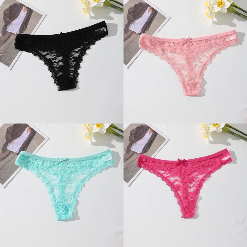 4PCS Women Thongs Panties Sexy Underwear Lace Underpants Low Waist Lingerie Female Floral Lace Briefs Breathable Ladies Pantys