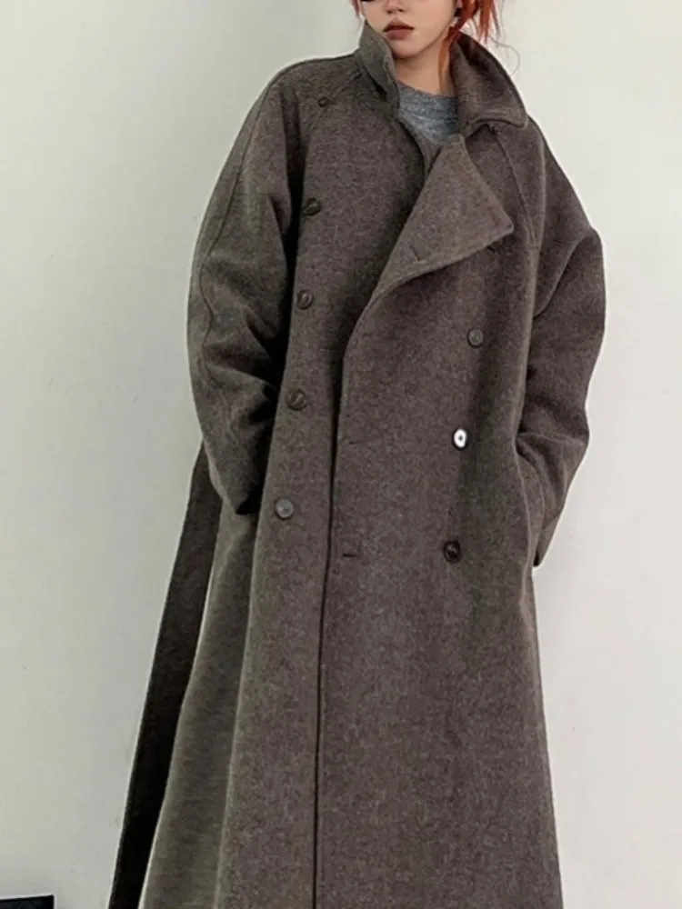 Ladies Double-Breasted Long Sleeves Trench Outerwear Solid Color Turn Down Collar Loose-Fitting Female Belt Overcoat