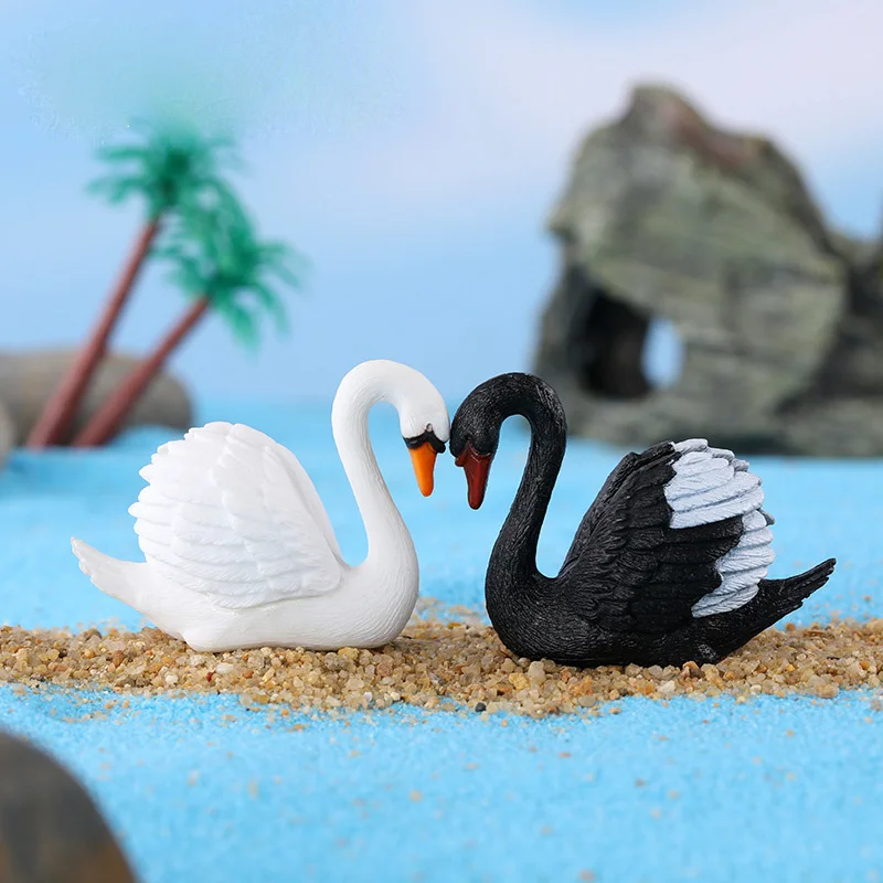 2pcs Black White Swan Couple Love Miniature Figurine Wedding Doll Statue Home Decor Garden Decoration Accessories Modern