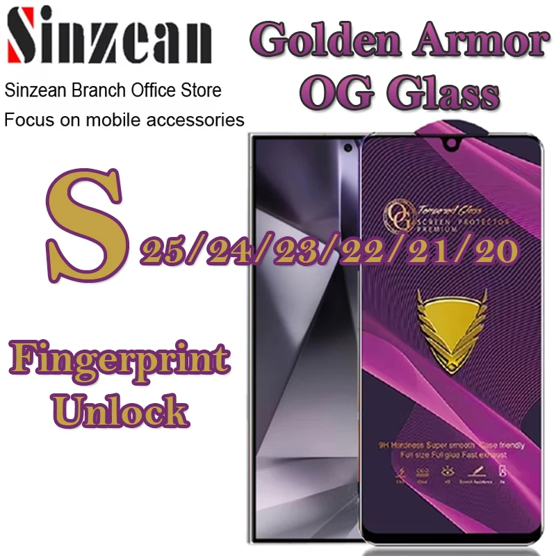 50pcs Golden Armor OG Fingerprint Unlock Tempered Glass For Samsung S25 S24 S23 S22 S21 Plus Ultra 0.18MM Screen Protector