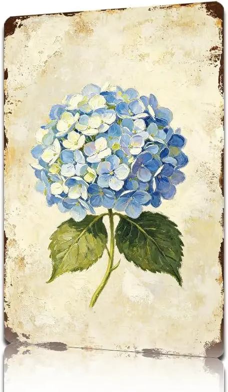 Decorative Tin Sign Vintage Blue Hydrangea Floral Art Metal Wall Decor 100% Aluminum Rustproof Waterproof Easy to Install for Ho