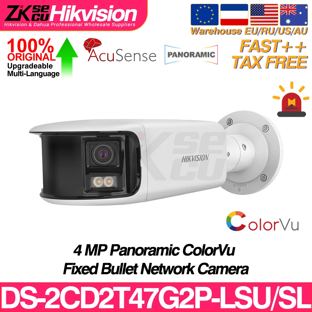 Hikvision DS-2CD2T47G2P-LSU/SL 4MP Dual Lens Panoramic ColorVu Bullet IP Camera  Acusense Strobe Light Audible Alarm 2-Way Audio