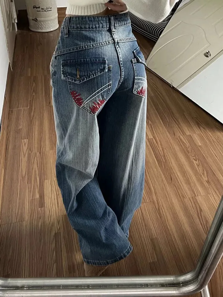 Y2K Pantaloni a gamba larga da donna Jeans ricamati retrò americani lavati invernali dritti larghi