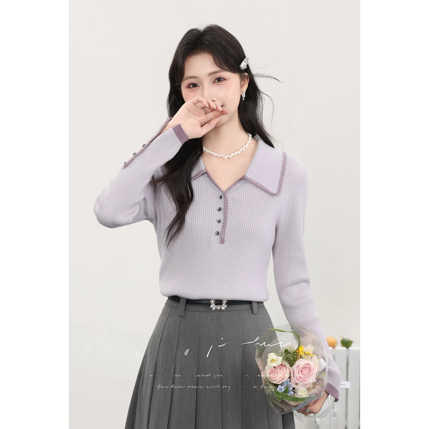 

Женский модный вязаный топ Zhang Soda 2026: ранняя осень, фиолетовый, с длинным рукавом, свободный крой, для повседневной носки