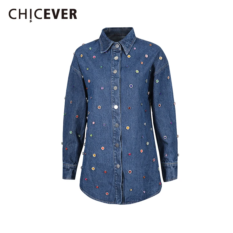 

CHICEVER синяя базовая рубашка со сращенными бриллиантами, женская свободная литературная повседневная рубашка с лацканами и длинными рукавами, осенний стиль, мода