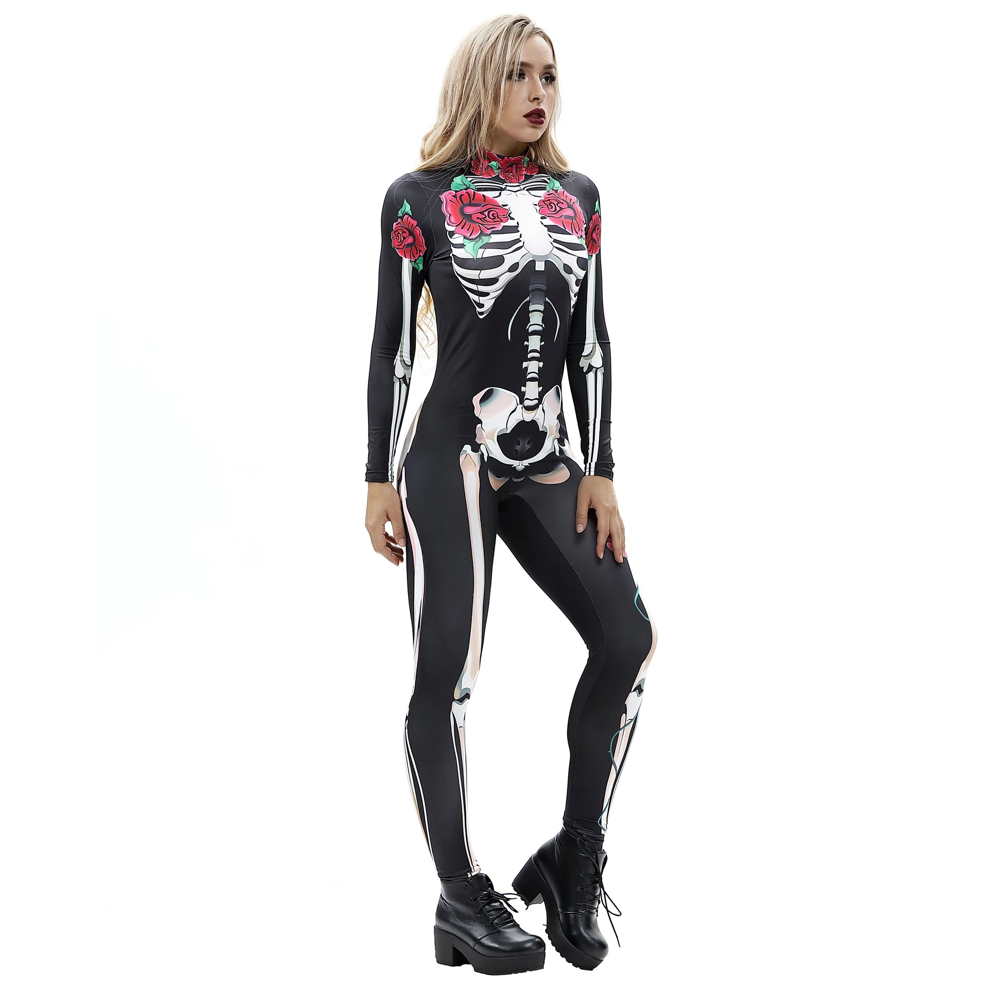 Rose Skelett Frauen Kostüm Halloween Urlaub Party Cosplay Overalls weiblich gedruckt Bodyuist Modenschau Zentai Anzug Kleidung