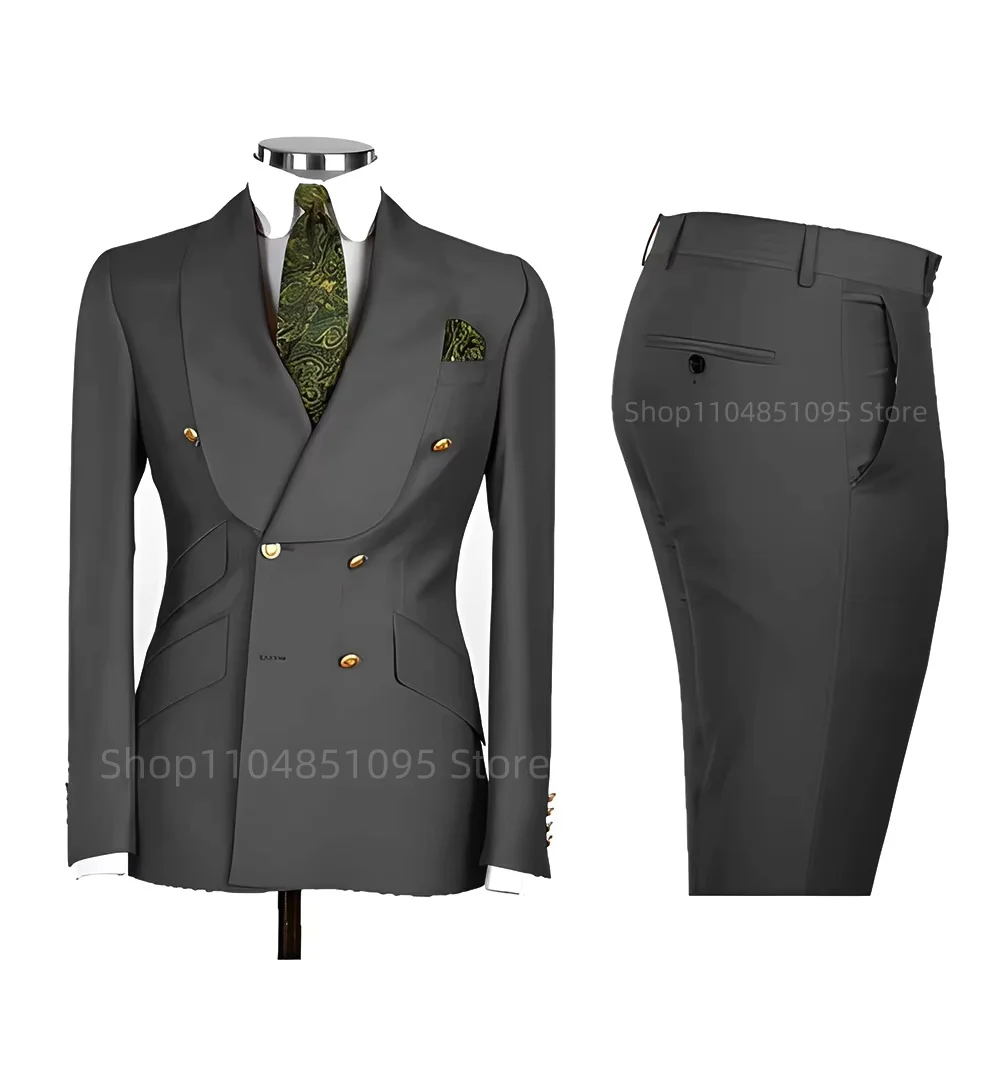 فاخر 2 قطعة بدل زفاف للرجال مزدوجة الصدر سترة السراويل شال التلبيب السترة طول منتظم ملابس رسمية حفلة موسيقية مجموعة