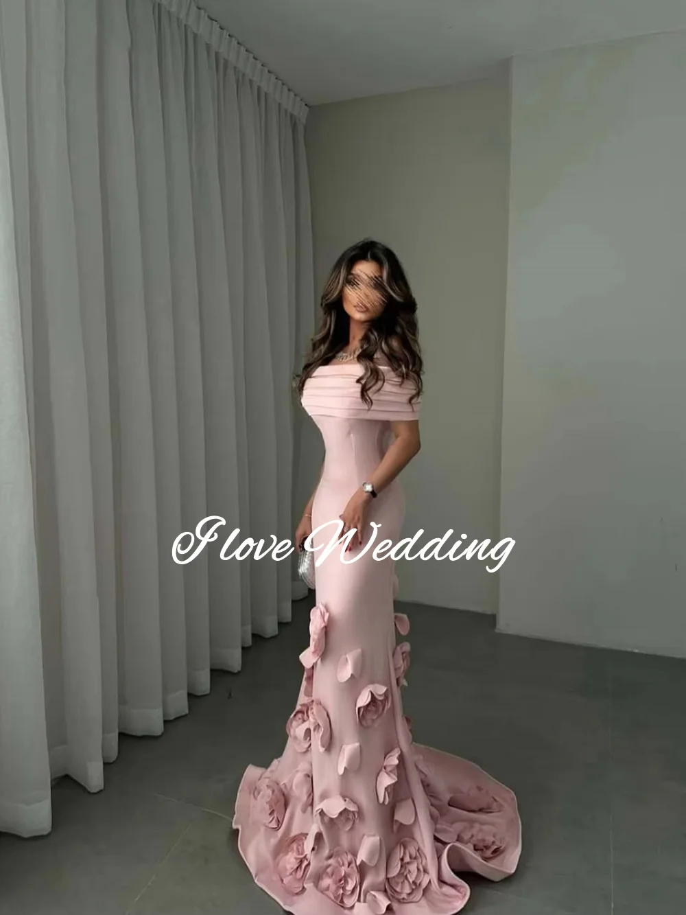 Rosa Krepp Abendkleid 3D Blumen Schulterfrei Meerjungfrau Elegantes Abschlussball-Partykleid Saudi-arabisches formelles Abendkleid Maßgeschneidert