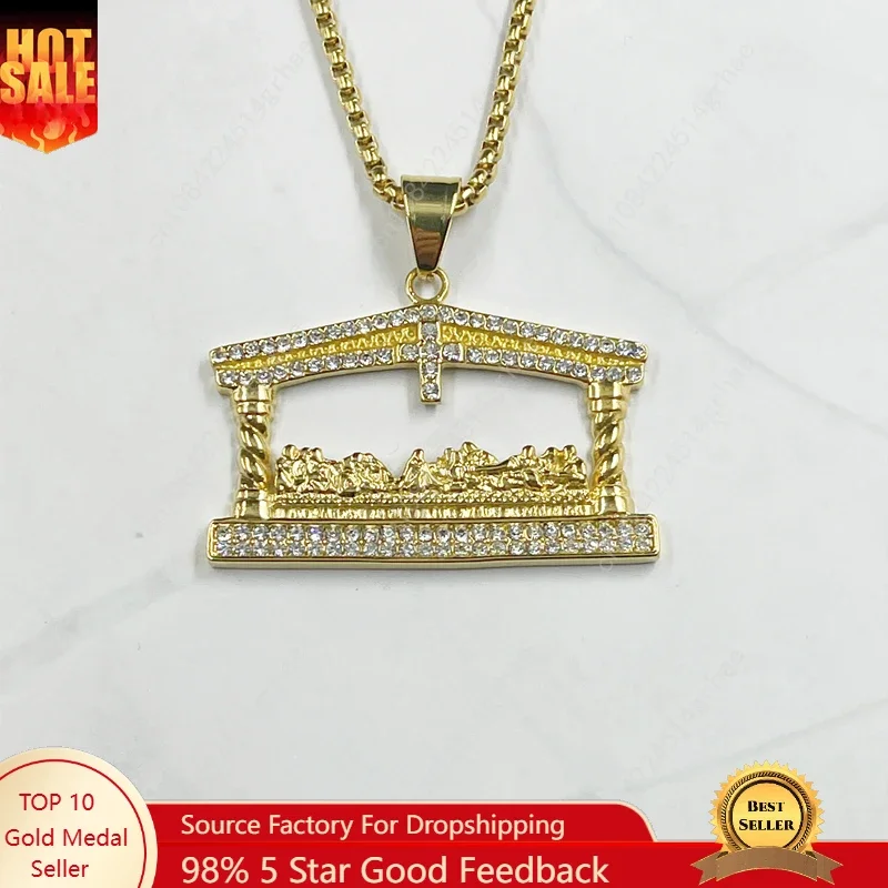 

Men's rhinestone Jesus Head Gold color Pendant Necklace Fashion The Last Supper Hip Hop Necklace