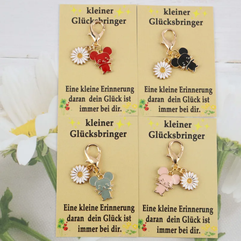 4pcs Cute Animal Series Mouse with White Daisy Keychain Set Belt“Little lucky charm”Card Actively support gifts Birthday Gift Th
