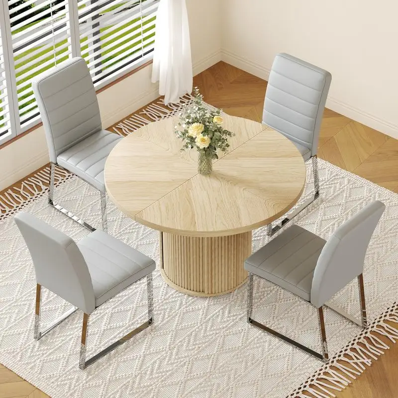 

4-Piece PU Padded Dining Chair Set with 47.2-Inch Round Table, Storage Included, Ideal for Restaurants, Wooden Finish