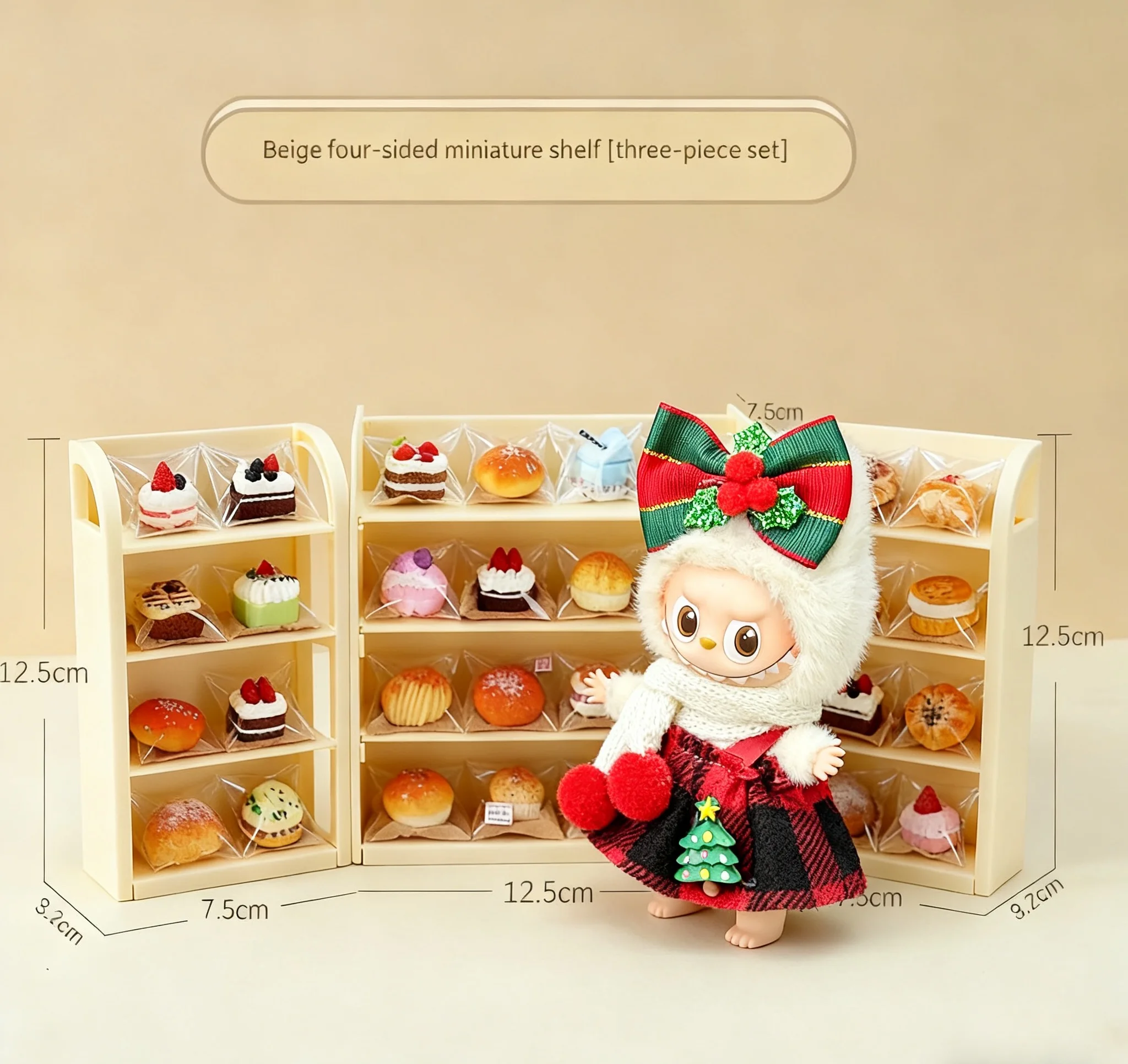 

Labubu Miniature Scene Set: Beige 3-Piece Shelf + 50 Food Props, Dollhouse Accessories, (No Dolls) for Doll Gifts