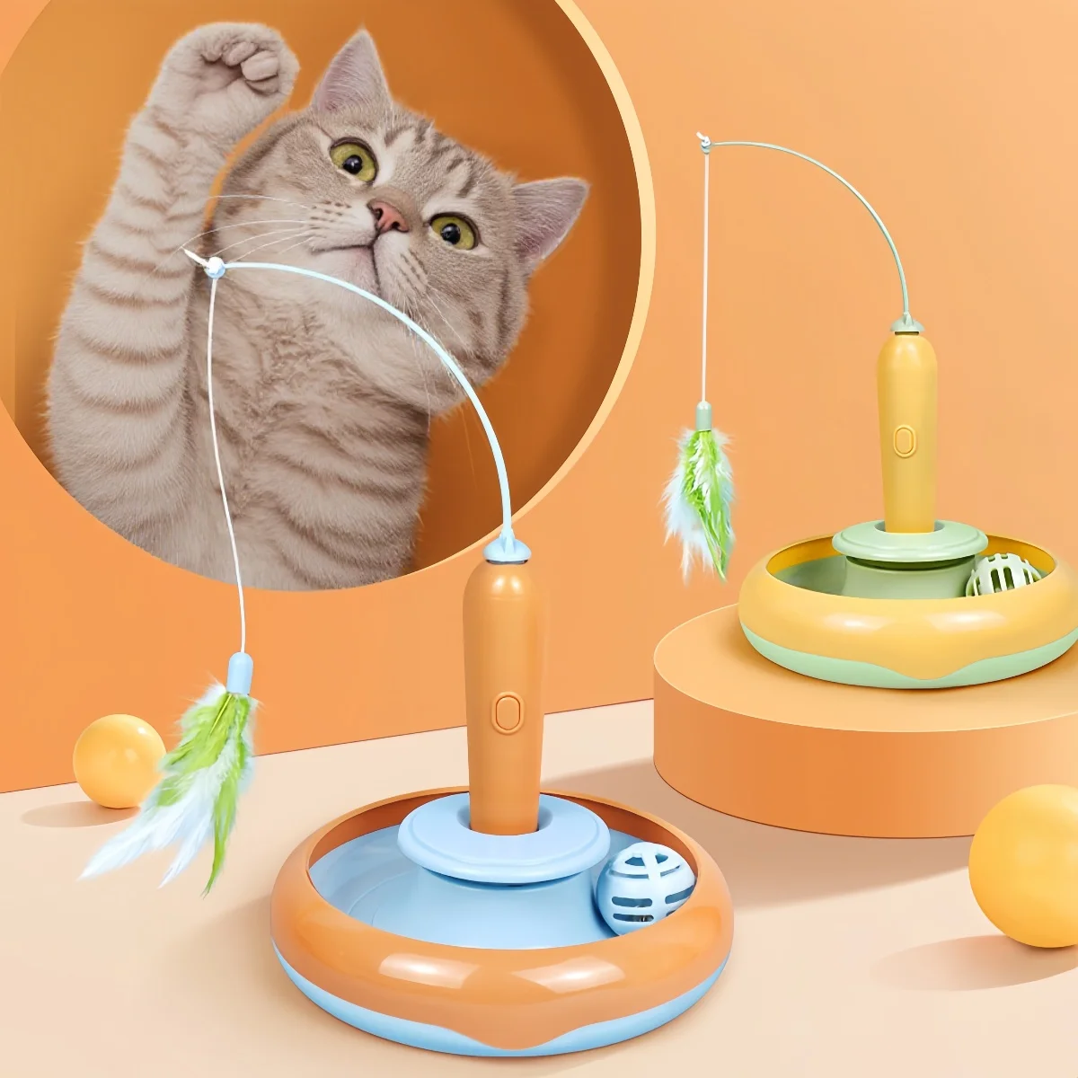 Selbstunterhaltungsspielzeug für Katzen, Spinnrad für Katzen, Spinnrad mit Katzenfedern, automatisches elektrisches Spielzeug ohne Batterien