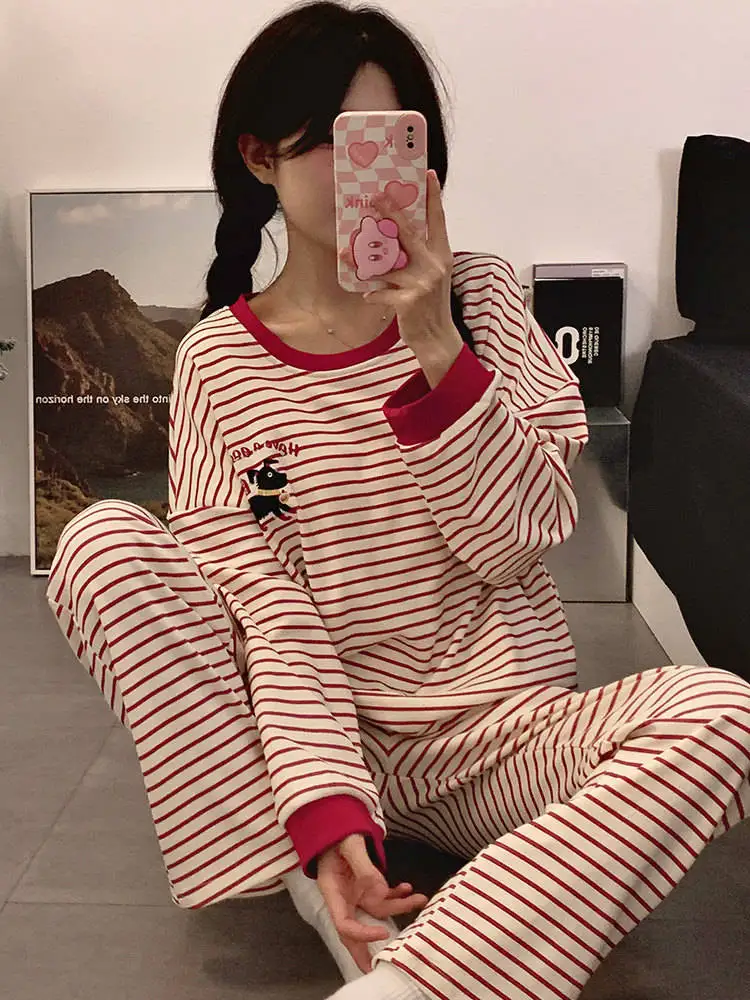 

Pajama Sets Green Women Plaid Cotton Chic Holiday Style Loose Long Plain Cropped Set Buttoned Top Breathable Girlfriend Collared