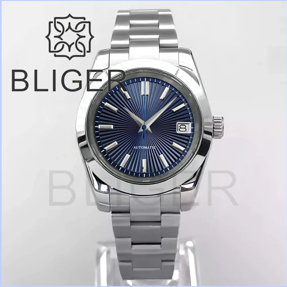 

Мужские механические часы BLIGER 36 мм 39 мм, темно-синие часы с текстурой циферблата для мужчин, водонепроницаемые из нержавеющей стали с сапфировым стеклом