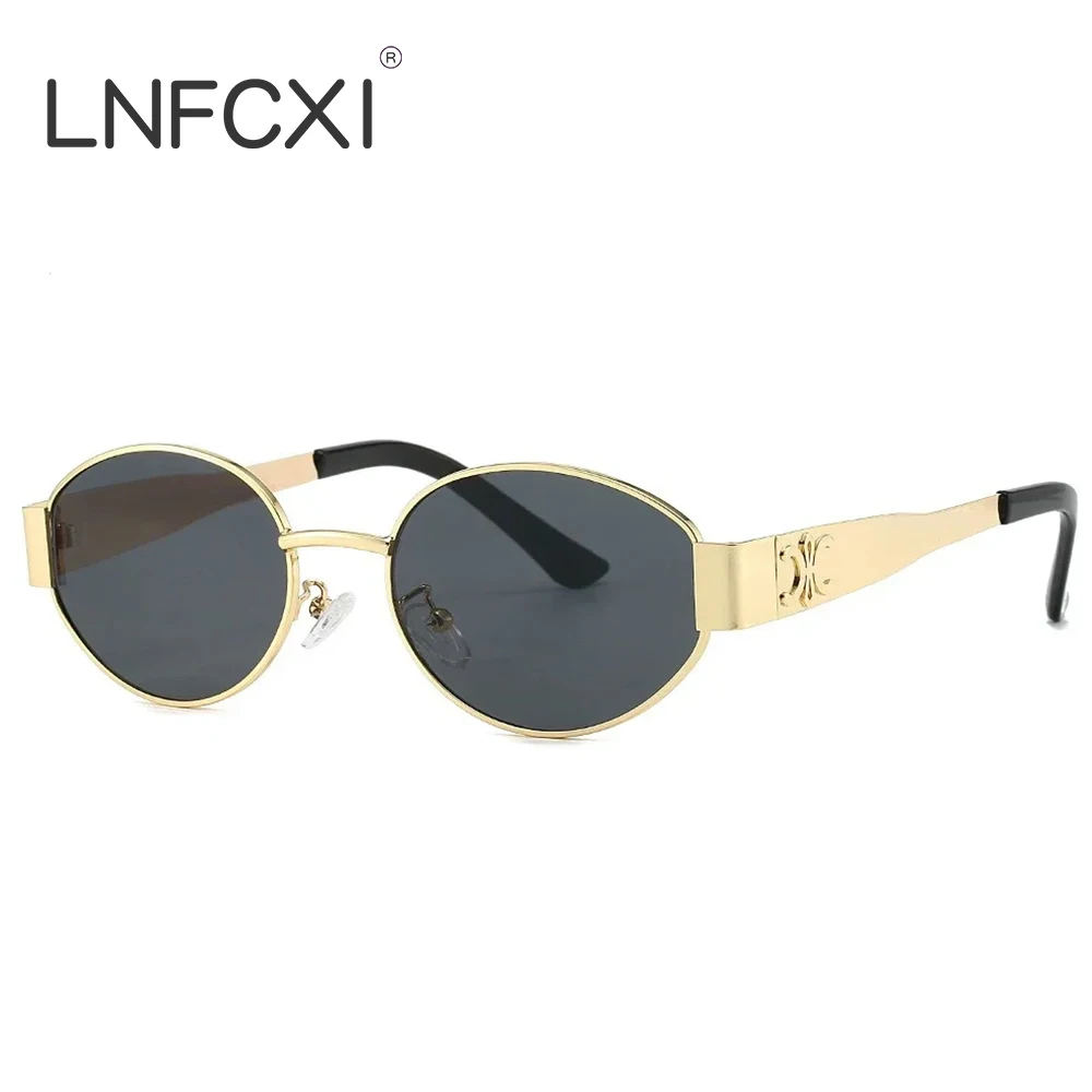 

LNFCXI New Trendy Oval Sunglasses for Women Luxury Brand Designer Metal Frame Sun Glasses Ladies Classic Vintage Round Shades