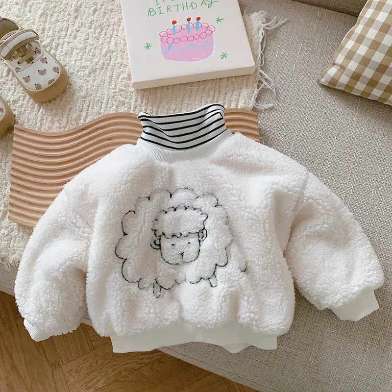 

0-6 Years Old Autumn Winter Girls Lamb Cashmere Fake Two-piece Sweater for Boys Thickened Top,kids Baby Children Sweatshirts