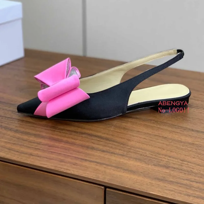 Designer Sexy Zijde Roze Lage Hakken Jurk Schoenen Vrouw Boog Knoop Slingback Prom Schoenen Zomer Fashion Party Banket Schoenen Voor Vrouwen