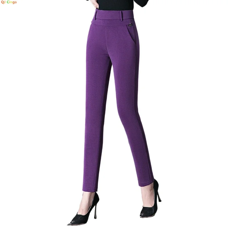 Paarse dames buiten dieptepuntbroek, zwarte elastische taille kleine voet potloodbroek, mode casual broek, Aziatische maat 27-34