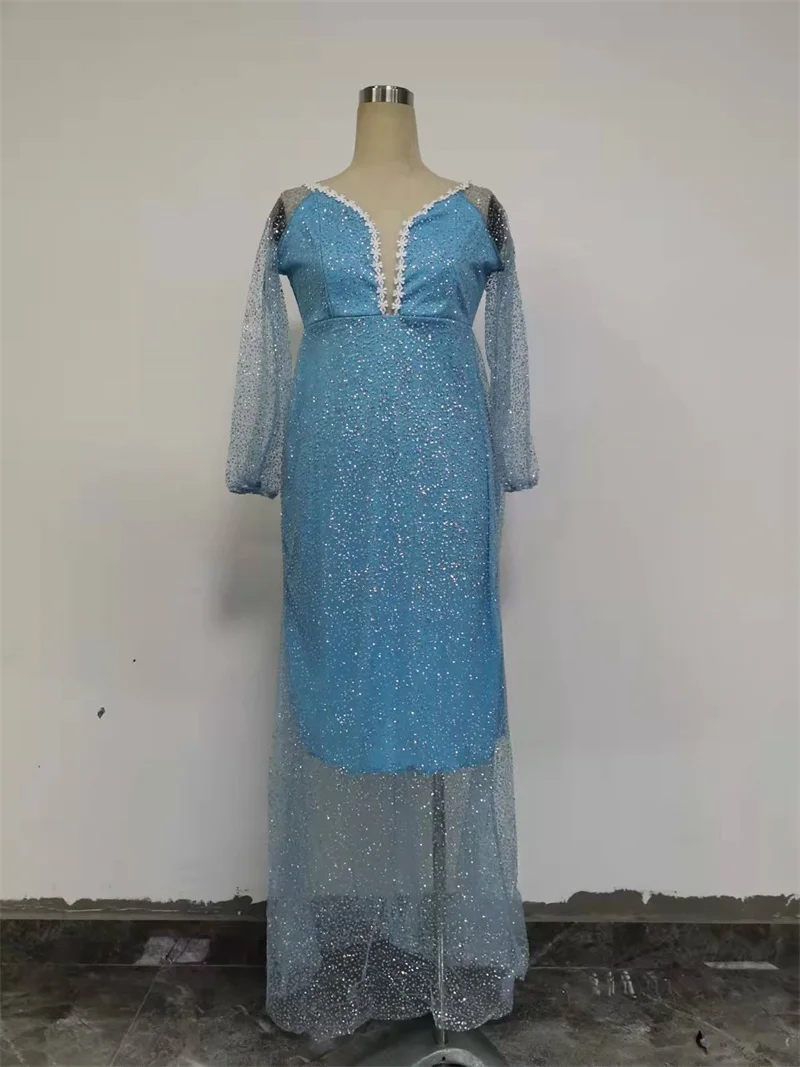 Vestido de fiesta de sirena con lentejuelas para mujer, vestido de noche con cuello en V profundo, manga abullonada transparente, azul, glamuroso, nuevo, en Stock