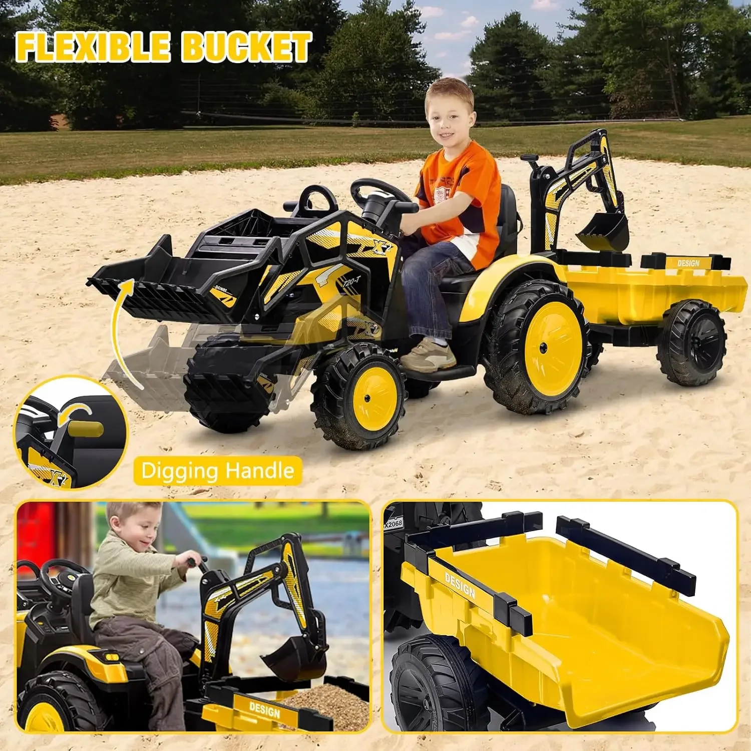 3 in 1 Ride on Tractor, Excavator & Bulldozer, 24V Electric Vehicle w/Trailer, Shovel Bucket, Digger, Remote Control