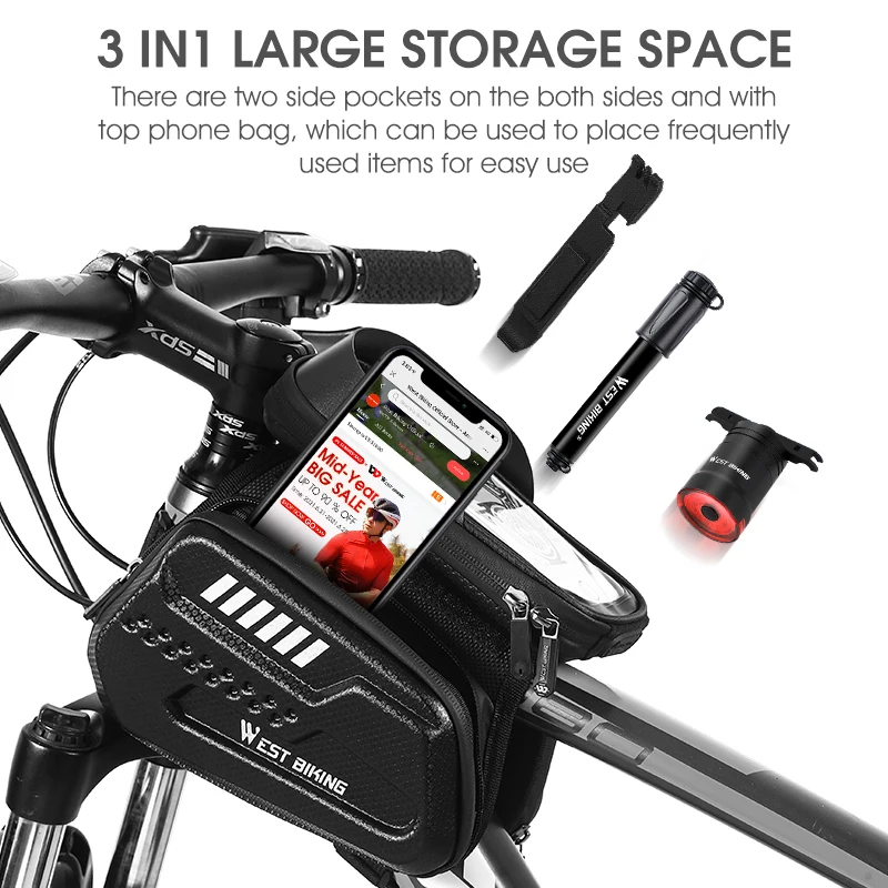 WEST BIKING Bicycle Top Tube Phone Bag Waterproof Touch Screen Phone Case Bag Bike Front Frame Bag MTB Road Bike Accessories