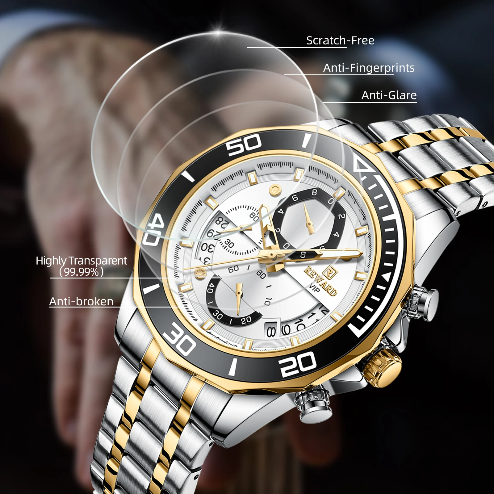 REWARD Mens Watches Fashion Business Stainless Steel Wristwatch Waterproof Luminous Chronograph Calendar Quartz Watches