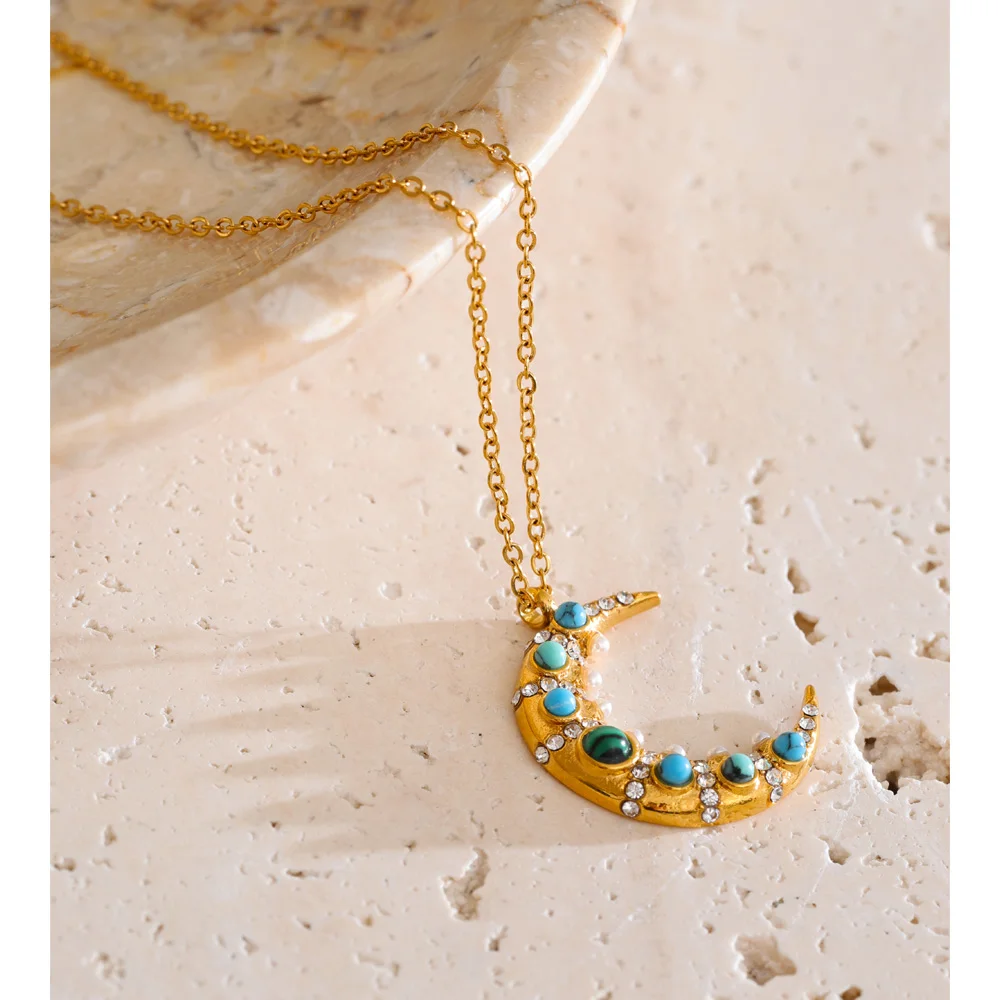Yhpup High Quality Natural Stone Zircon Pearl Moon Pendant Charm Necklace New Arrivals Stainless Steel Exquisite Jewelry
