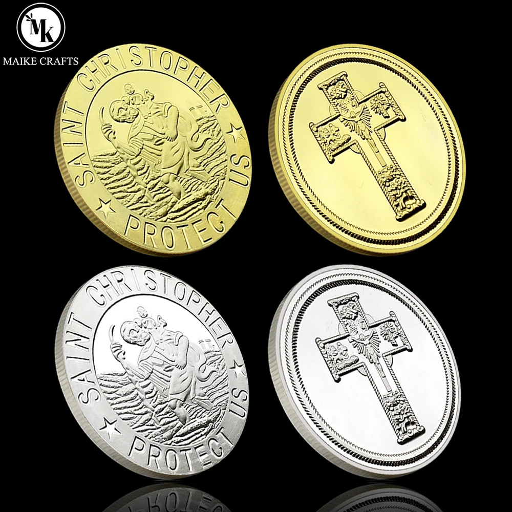 Saint Christopher Protect Us Gold Plated Challenge Coin Religious Traveler Guardian Commemorative Token 40mm 29.5g Gift