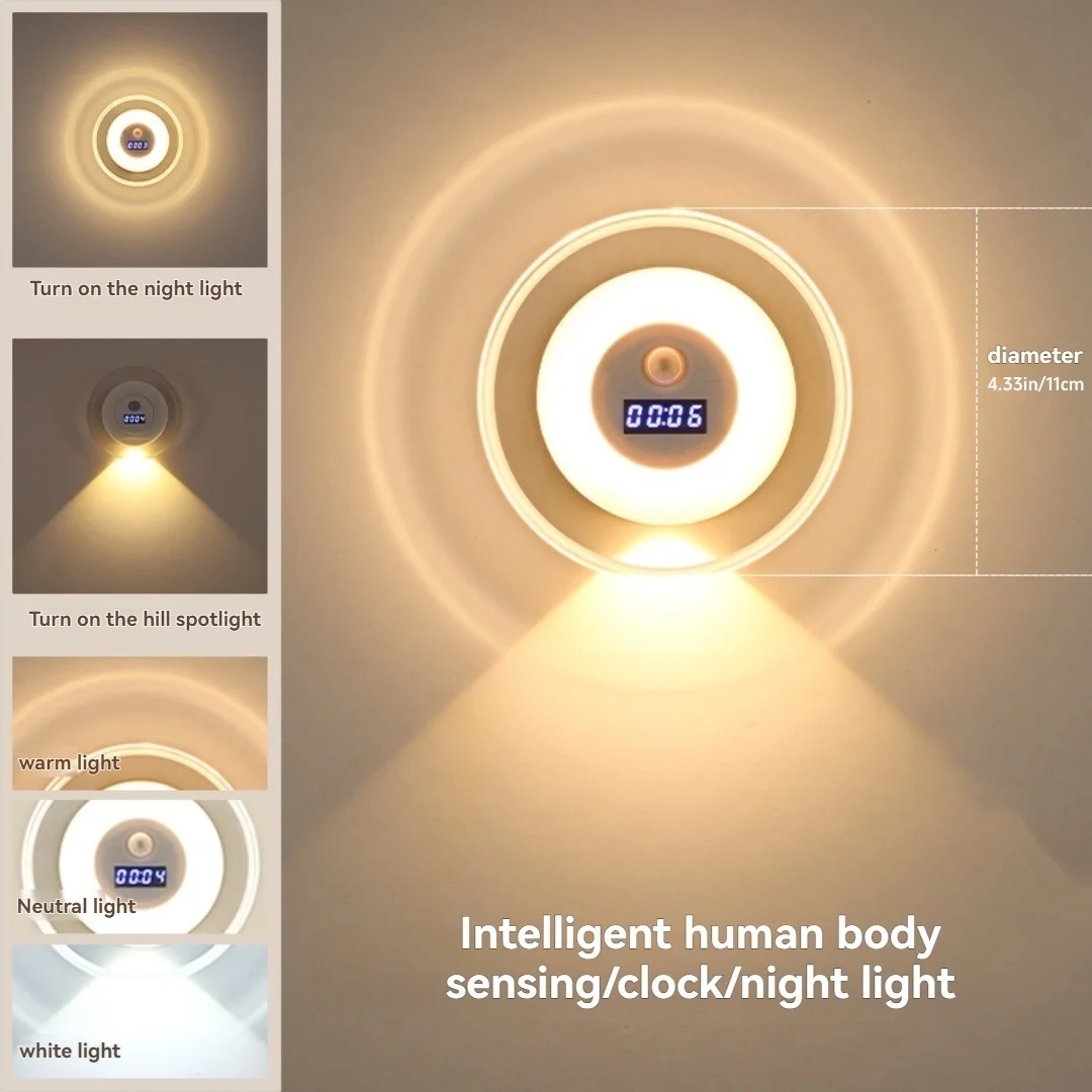 

Умный ночник с датчиком движения и часами: автоматическое включение/выключение, дальность действия 3-5 м, режимы «Двойной ореол» и «Атмосфера», 3-цветный светодиодный настенный светильник для спальни