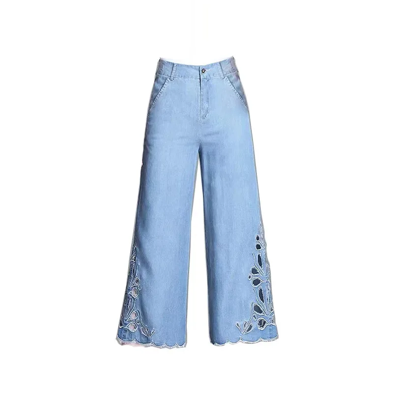 

Summer Trousers Women 2023 New Fashion Thin Trumpet Eight-Point Wide-leg Pants High-Waisted Embroider Cropped Slacks Female