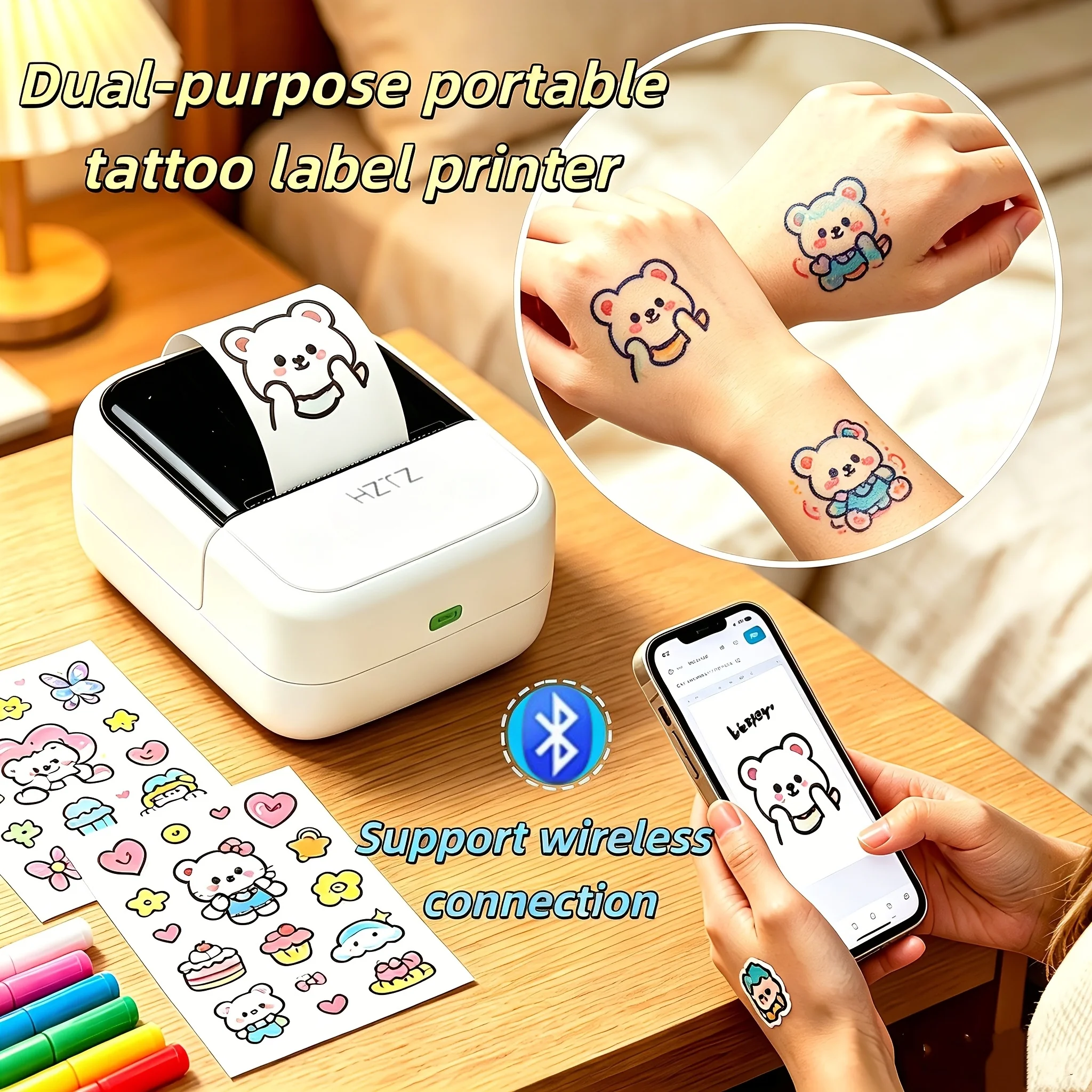 USB BT Portable Suitable for Labels and Temporary Tattoos Sticker Maker, Includes Water Transfer Tattoo Paper, Supports Doodling