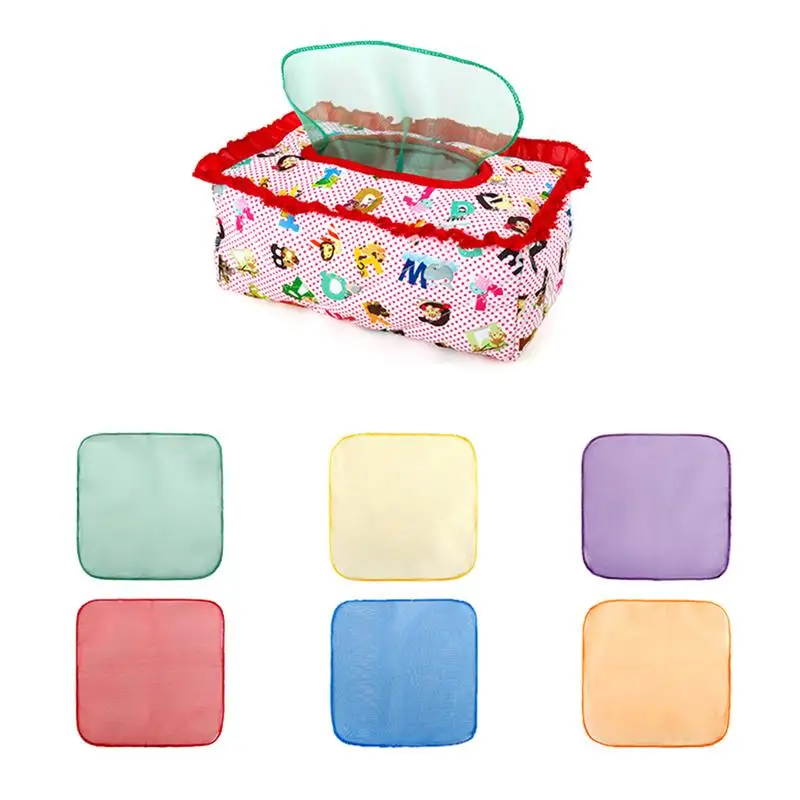 Plush Tissue Box Toy com Saft coloridos Lenços para Aprendizagem Pré-Escolar, Brinquedos Educativos Manipulativos