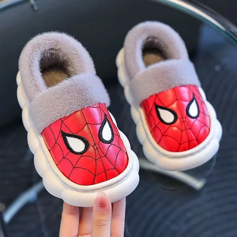 Disney Winter Children Baby Boy Cotton Slipper Cartoon Spiderman Print Kids Non Slip Warm Plush Waterproof Girl Home Shoes 26-36