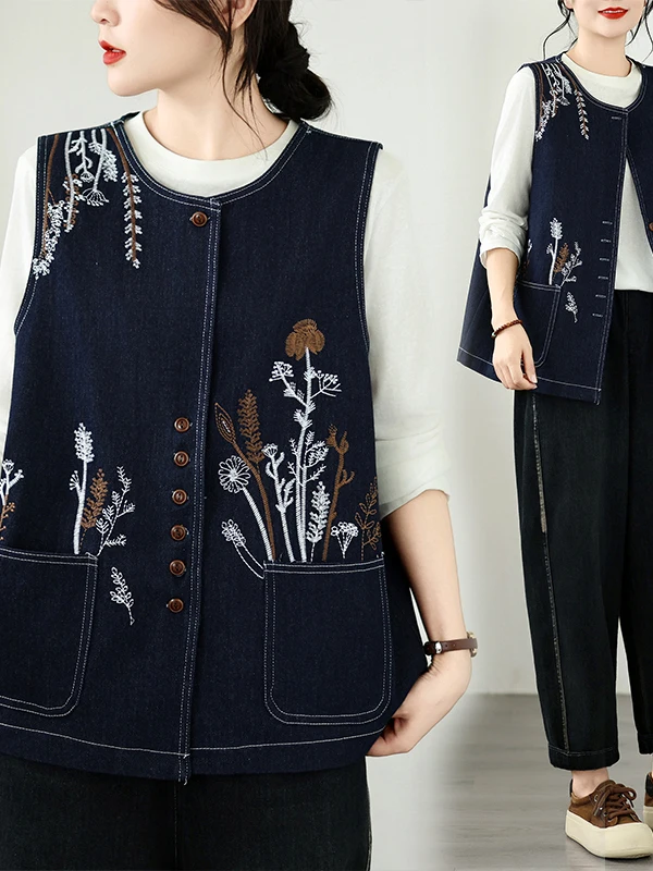 Authentic Autumnal Oversized Casual Fashionable Artistic Embroidered Denim Vest Outerwear Women's Loose Fit Regular Length