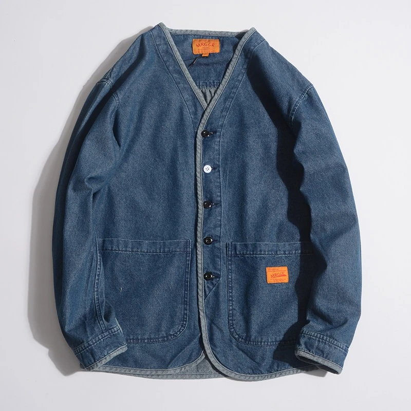 

Джинсовая рубашка в японском стиле с v-образным вырезом для мужчин, весенне-осенняя мода, однобортные куртки с длинными рукавами, свободная повседневная уличная одежда в стиле хип-хоп