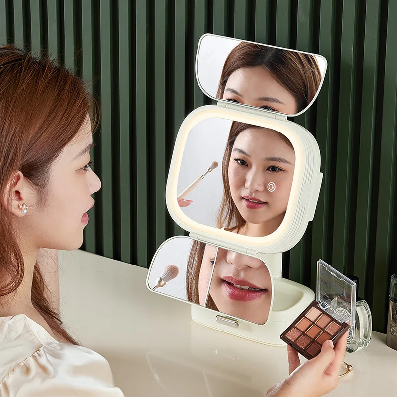 USB Rechargeable Folding LED Makeup Mirror - Rotatable Multifunctional Desktop Vanity Mirror with Lights for Bedroom
