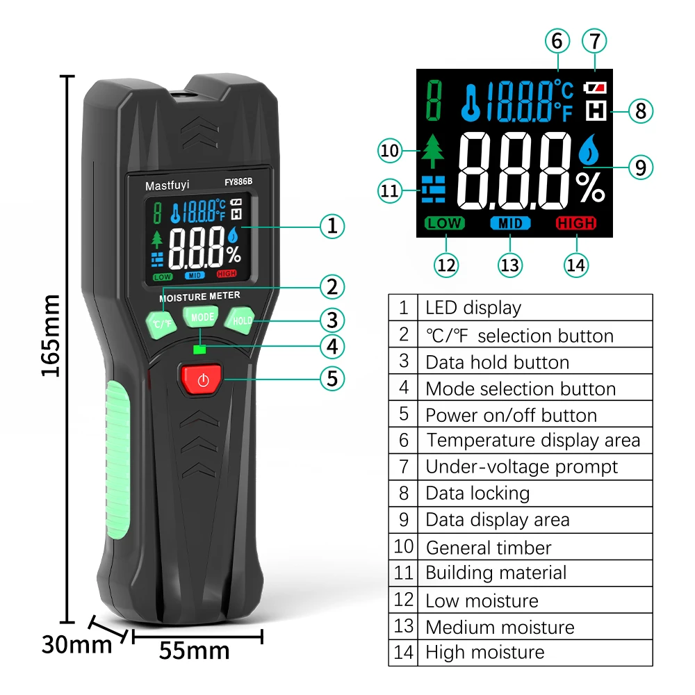 MASTFUYI FY886B-Humidimètre numérique pour bois, test de température ambiante, hygromètre de bâtiment, détecteur d\'humidité du bois mural