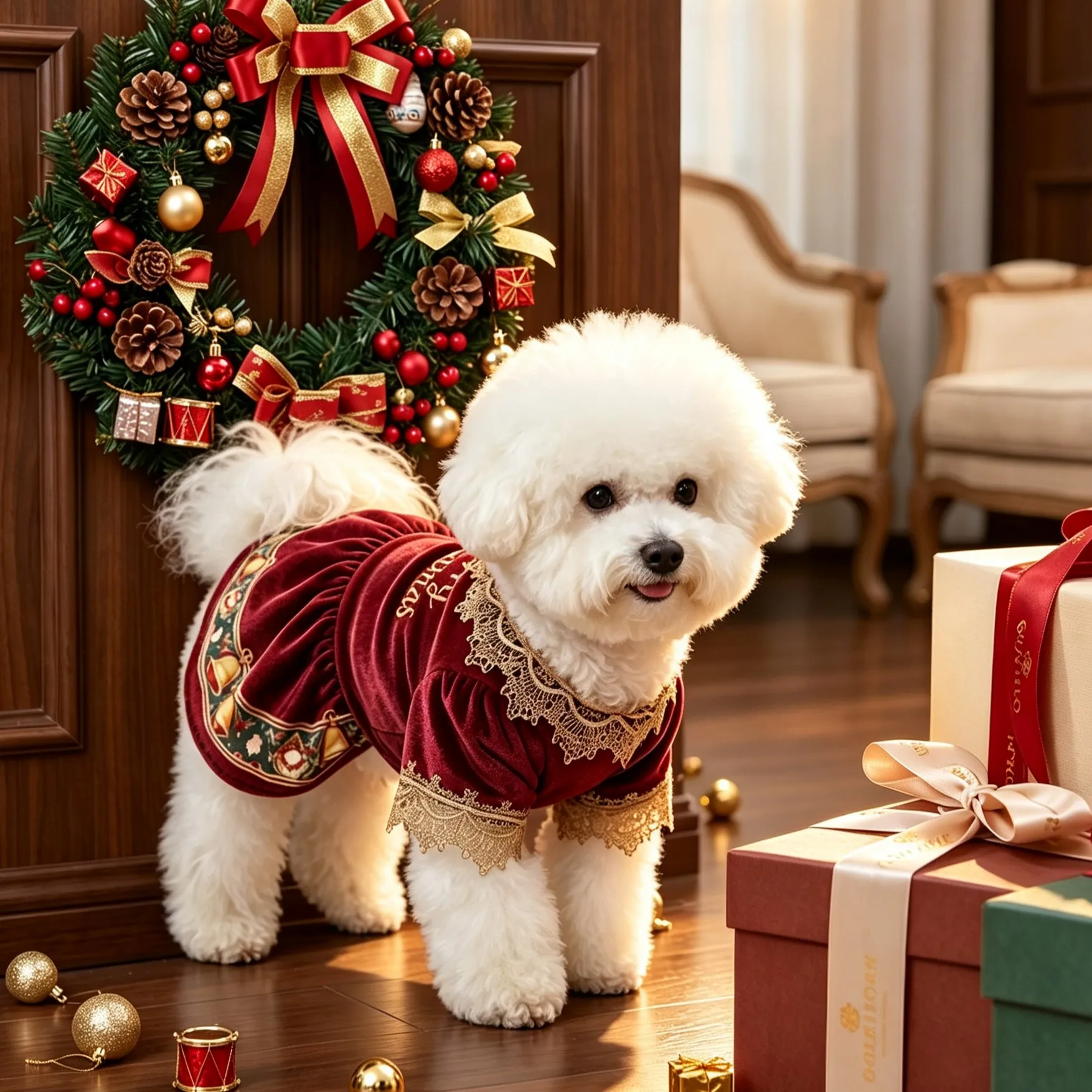 1 Haustierkleid, burgunderrotes Samtkleid für Hunde mit Spitzenrüschen, Weihnachtsmuster mit Glockenblumen-Print für Haustiere – Detail 6