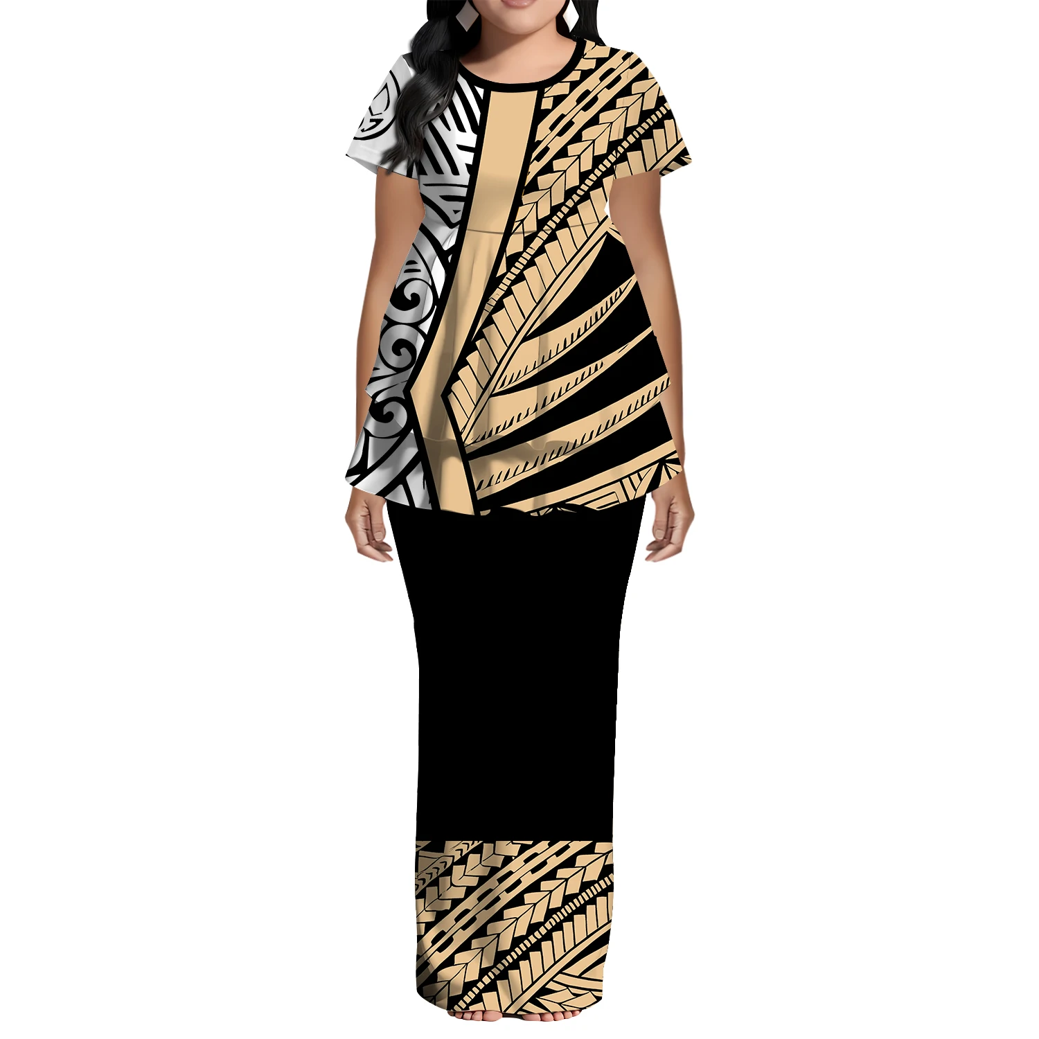 Tribal Pattern Floral Design Women'S Dress Polynesian Puletasi Round-Neck Short-Sleeved Fishtail Patchwork Design 2-Piece Set