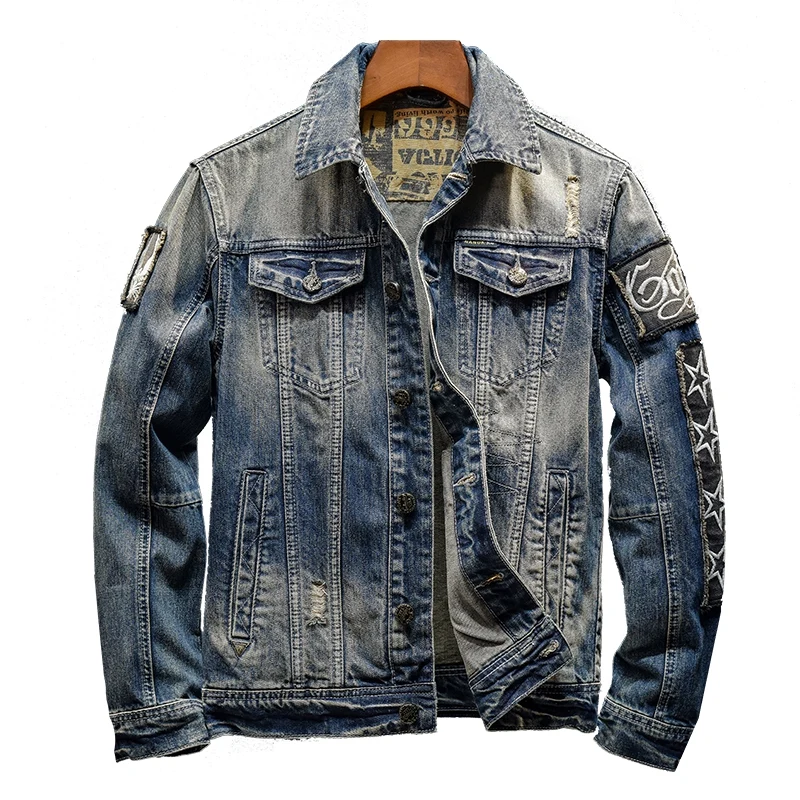 

Fashion American Paste Cloth Embroidery Denim Coat Men's Nostalgic Retro Lapels Street Slim-Fitting Biker Jacket