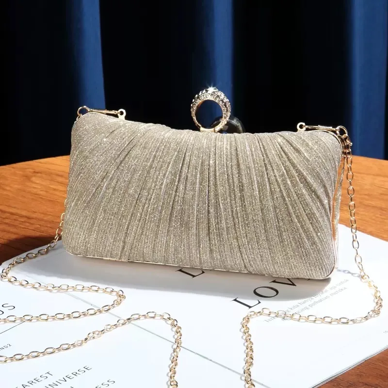 

Женская вечерняя сумка-клатч цвета шампанского золота с плиссировкой, роскошная, для вечеринок, с ручкой-кольцом со стразами и металлической цепочкой, через плечо