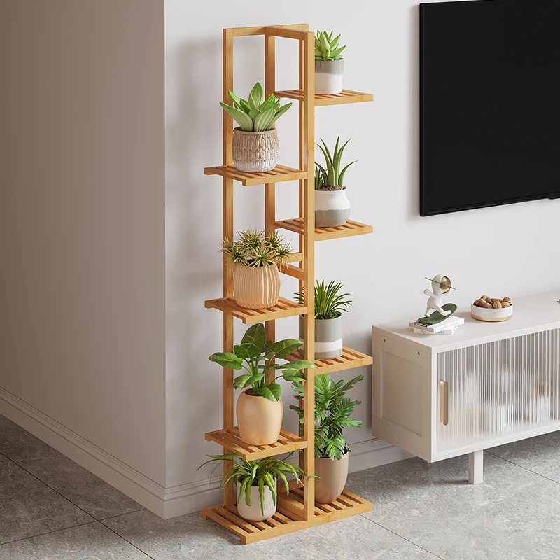 

Modern Balcony Plant Shelf Solid Wood Floor Flower Pot Rack Indoor Multi-Layer Succulent Display Stand for Living Room