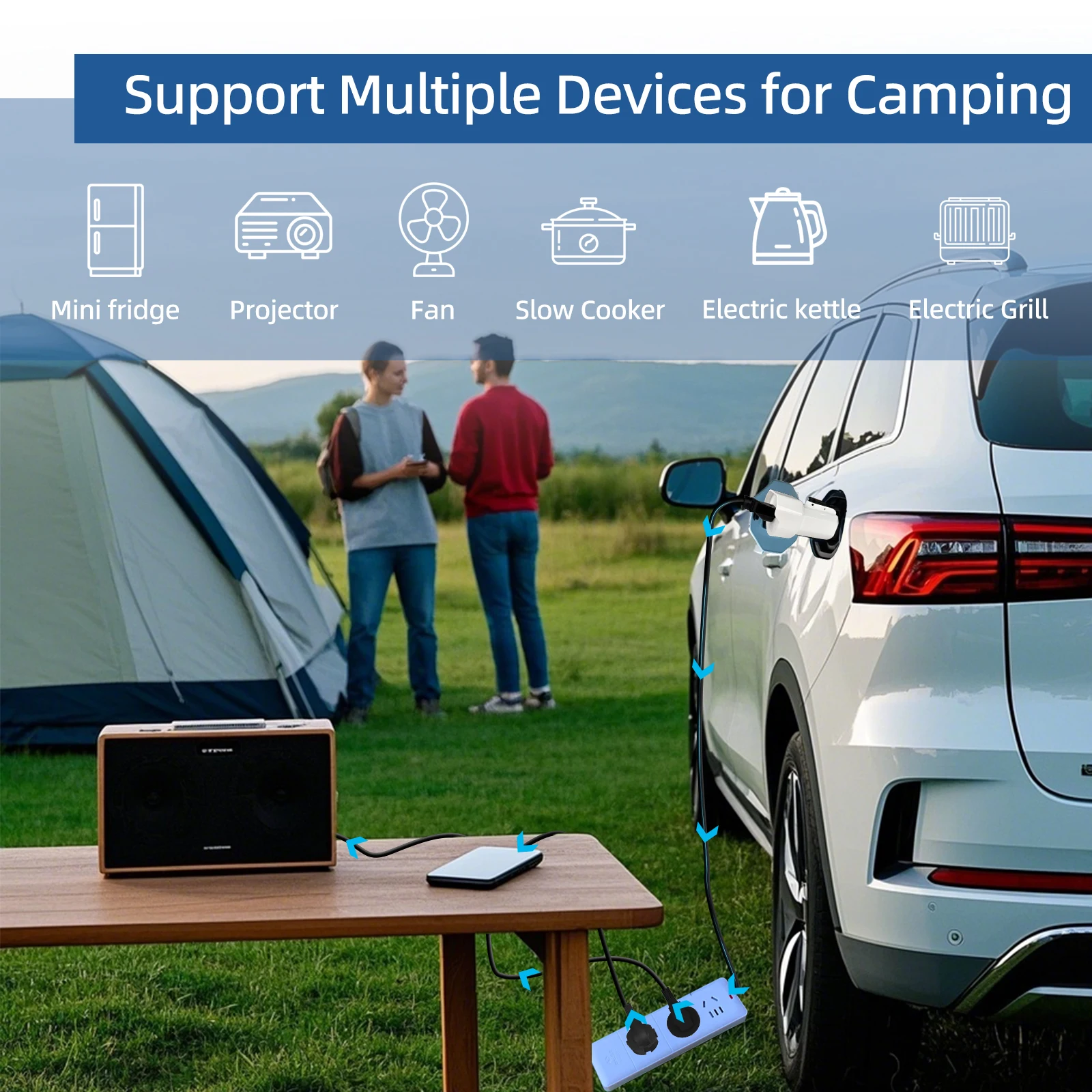 محول تفريغ EVqiaoyi Type1 V2L مع مقبس الاتحاد الأوروبي للسيارة لتحميل المكونات لـ IONIQ 5/6 KIA EV6/9 MG لإمدادات الطاقة الخارجية