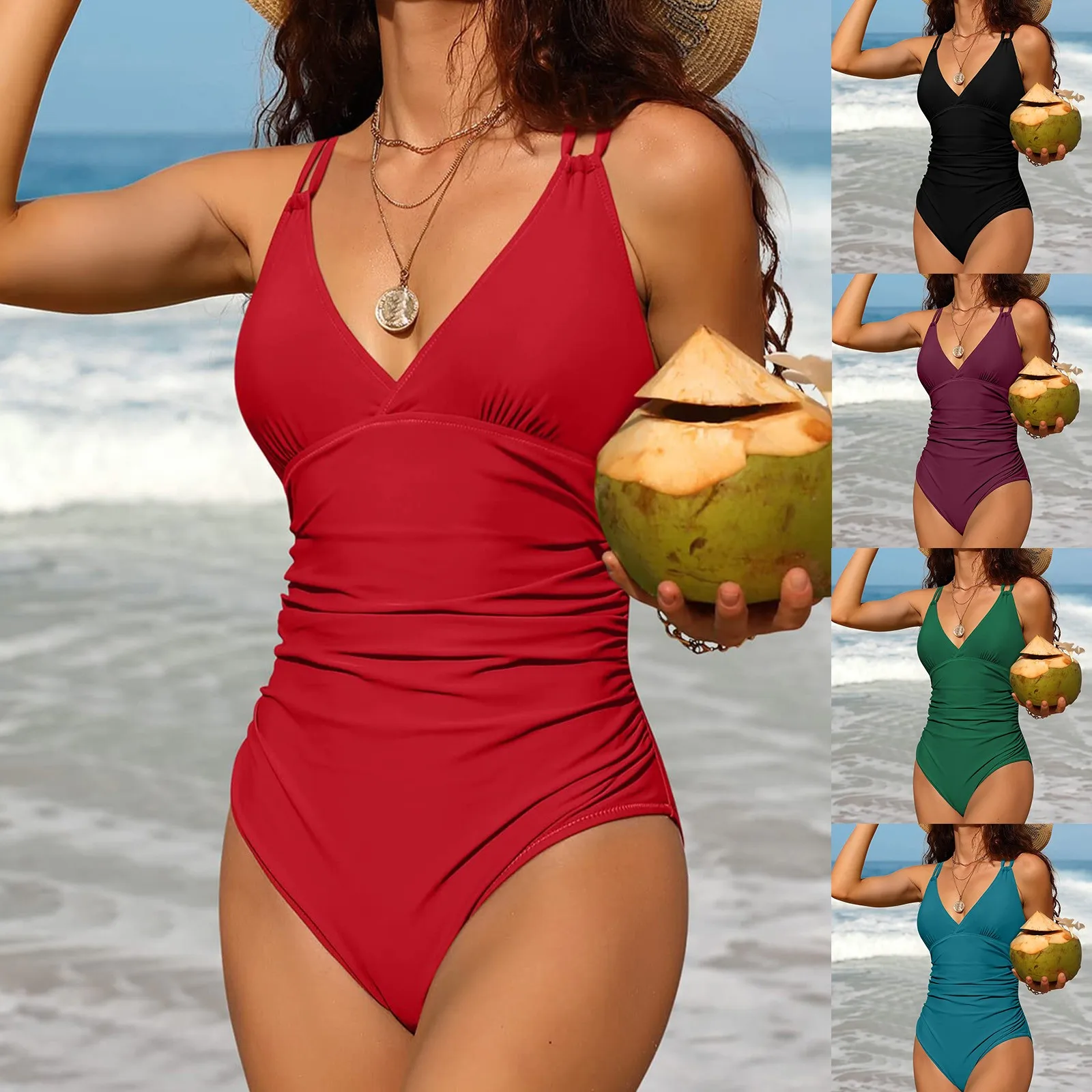 Women's Sexy V Neck One Piece Swimsuits Double Strappy Monokini Bathing Suits Crisscross Straps Back Swimwear solid color wear