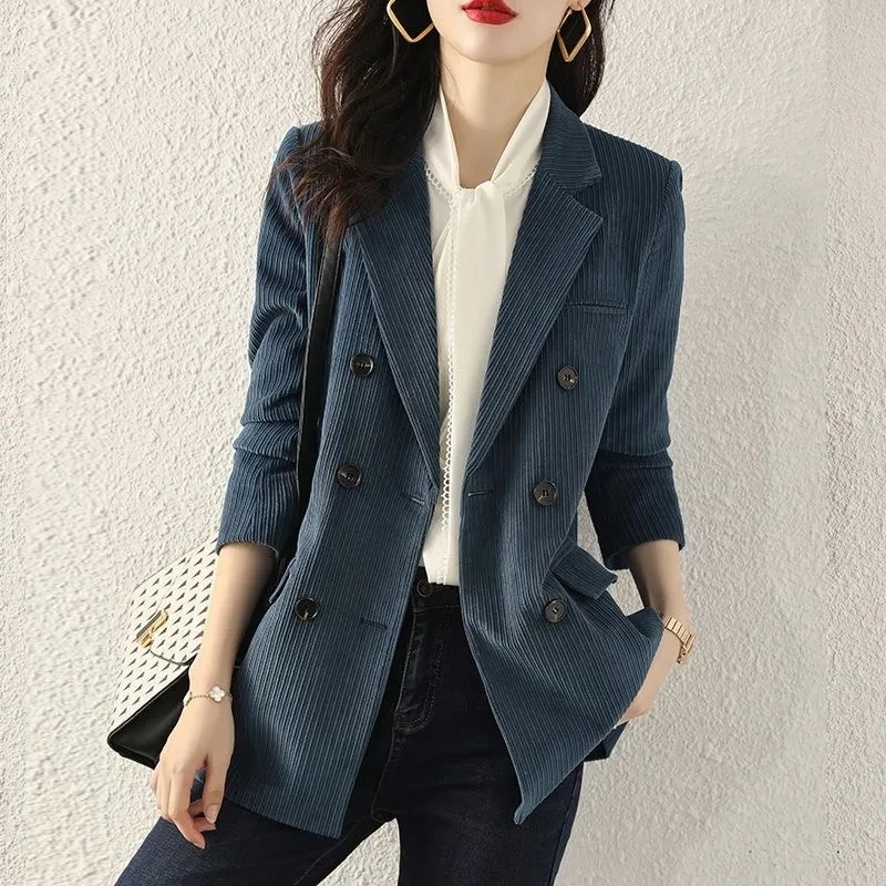 

Corduroy Blue Small Suit Jacket Women 2023 Spring and Autumn Korean Version Casual Versatile Slim Fit Double Breasted Blazer Top