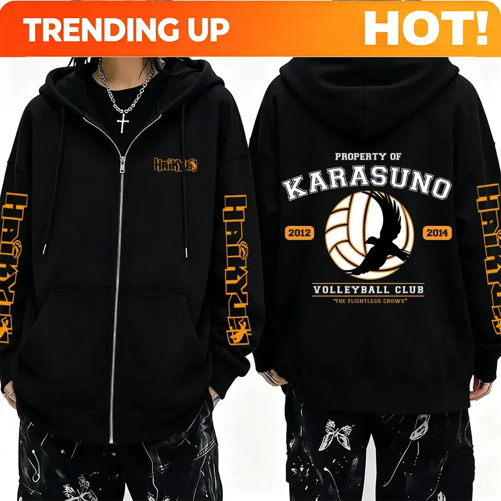 Customization Anime Haikyuu PROPERTY OF KARASUNO VOLLEYBALL CLUB Merch Zipper Hoodie Men Women Cosplay Harajuku Oversized Zip Up