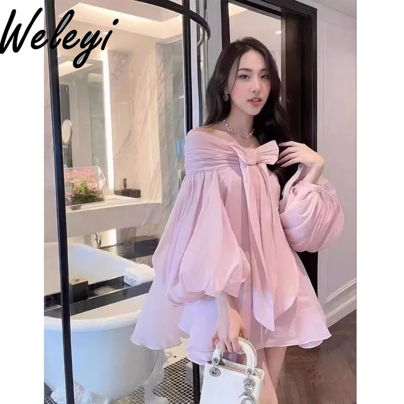 

Gentle Pink Bow Mini Dress for Women 2025 Early Spring New Sweet Loose Off The Shoulder Slash Neck Long Sleeve Short Dresses