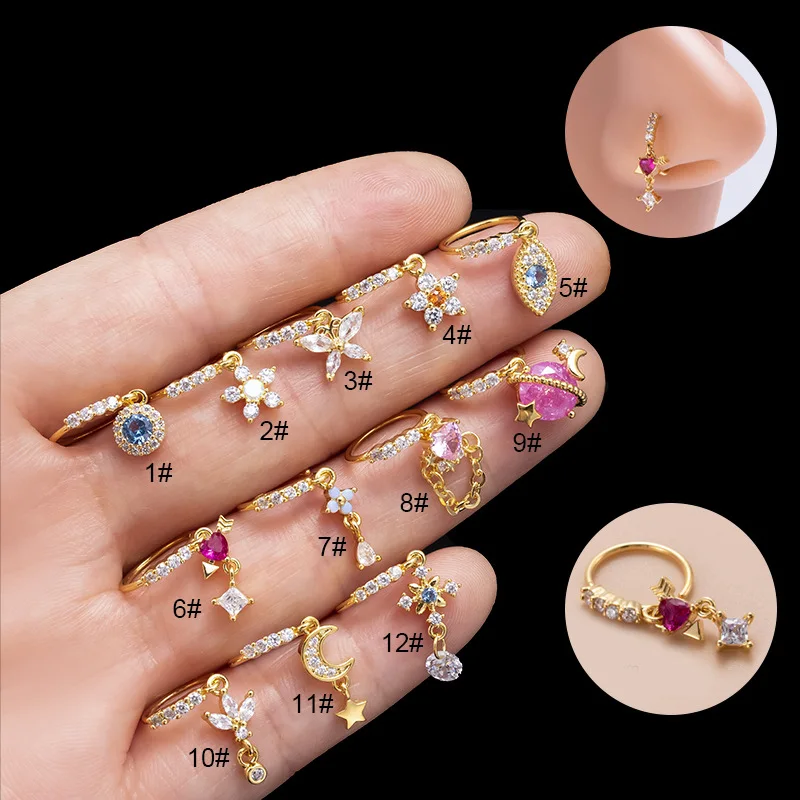 8mm CZ Ohrstecker Nasenring, Hypoallergener Chirurgenstahl Stern/Mond/Blumen Zirkonia Knorpel Helix Piercing Schmuck